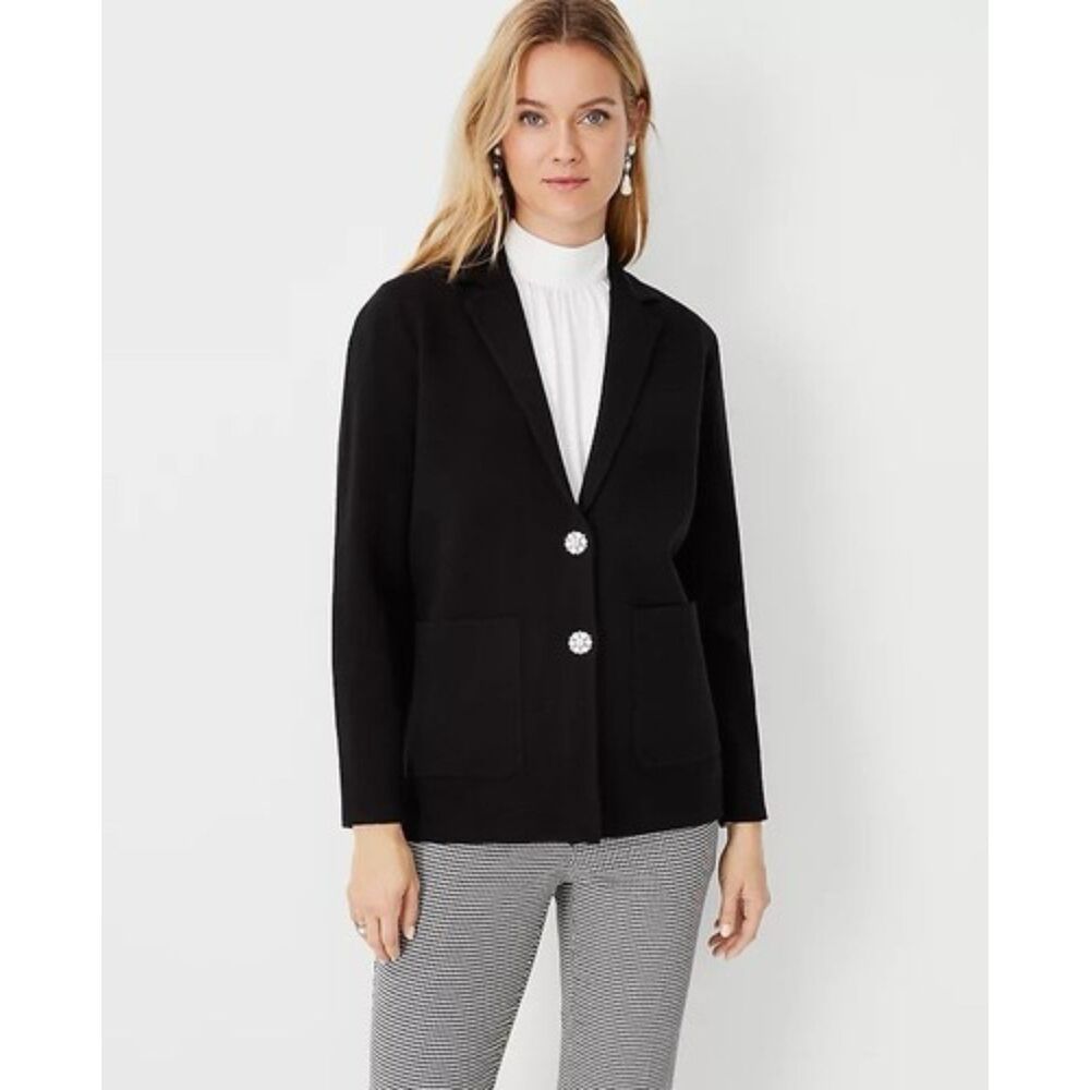 Ann Taylor Jeweled Button Sweater Blazer Womens M Black Holiday Party Preppy NWT